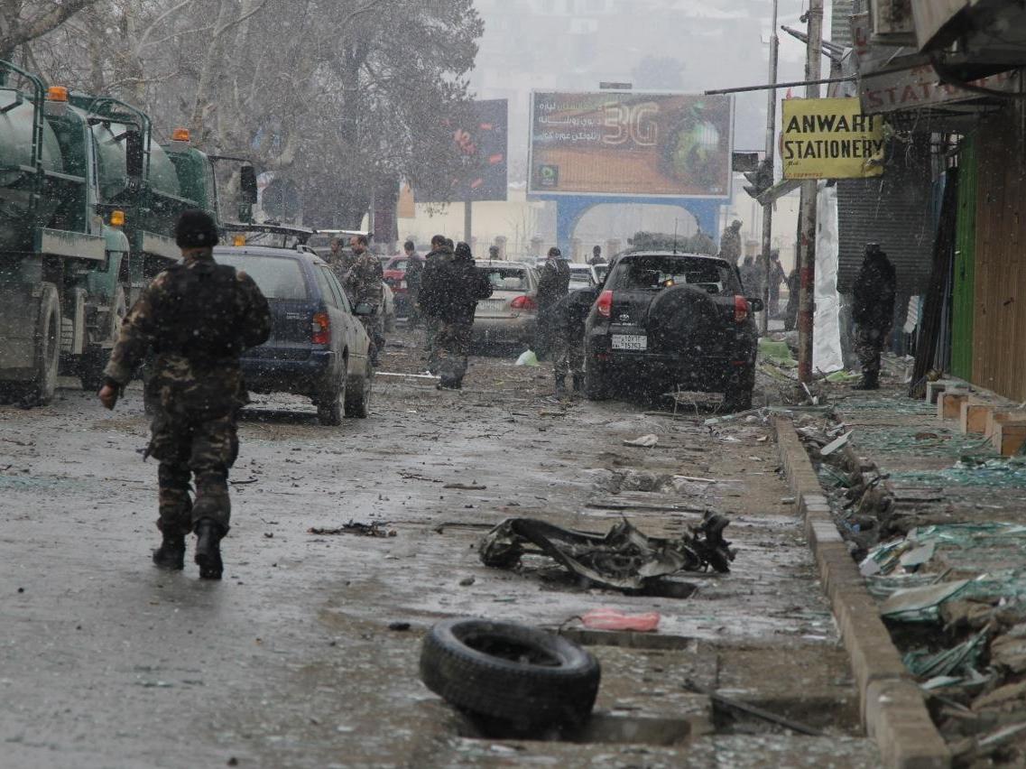 Debris littered the street at the scene of today's attack in Kabul. Debris littered the street at the scene of today's attack in Kabul.