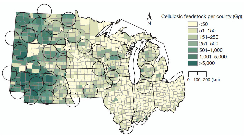 This map shows the potential biomass collection within 10 states. Each circle represents an area of about 7,800 square miles, which could produce about 23 million gallons of ethanol per year. A gigagram, or Gg, is about 1,100 tons.