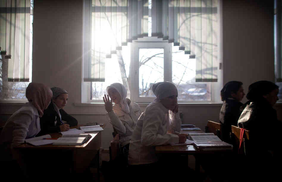 Half of the girls in the ninth grade at a school in Serzhen-Yurt wear a hijab, a departure from Chechen tradition.