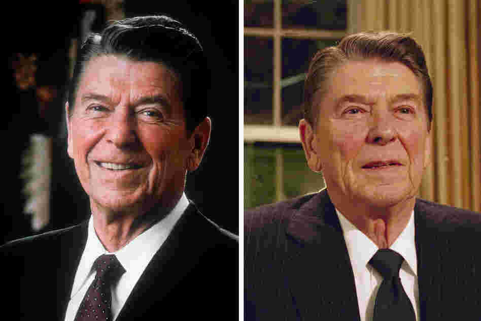 President Ronald Reagan posed for an official White House photo during his first year in office (1981, left). On right, he spoke to the nation early in his second term, in February 1986.