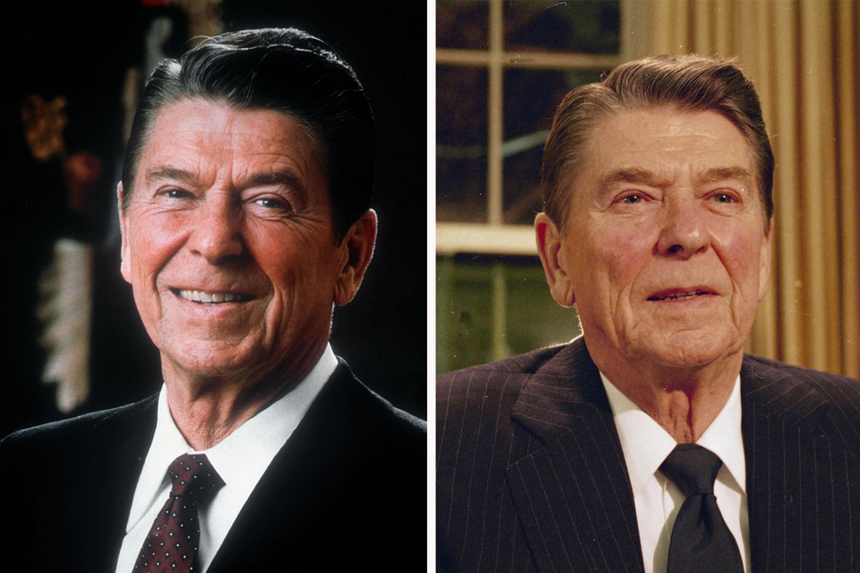 President Ronald Reagan posed for an official White House photo during his first year in office (1981, left). On right, he spoke to the nation early in his second term, in February 1986.
