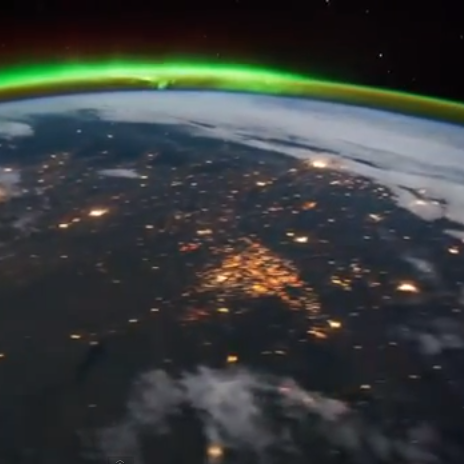 Looking down form the  International Space Station you can see  the North Dakota oil fields on the left of the image.