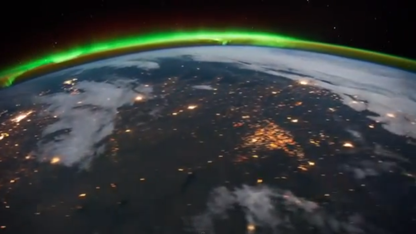 Looking down form the  International Space Station you can see  the North Dakota oil fields on the left of the image.