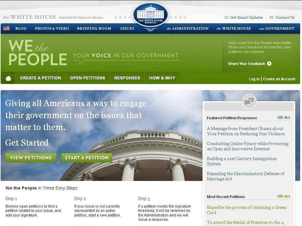 The We the People website at WhiteHouse.gov. The We the People website at WhiteHouse.gov.