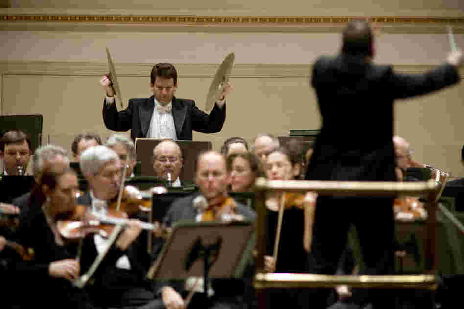 Philly principal percussionist Christopher Deviney poised for the big crash near the chaotic conclusion of Ravel's La Valse.