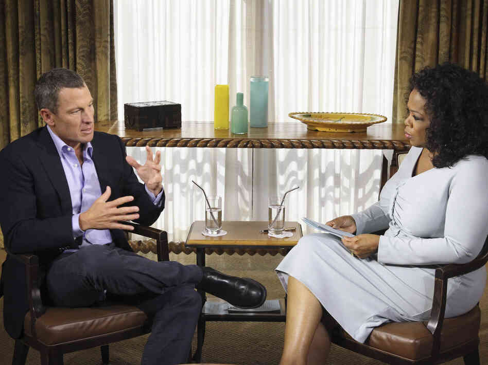 Oprah Winfrey talks to cyclist Lance Armstrong in Austin, Texas, on Monday. The first part of the interview airs Thursday night.