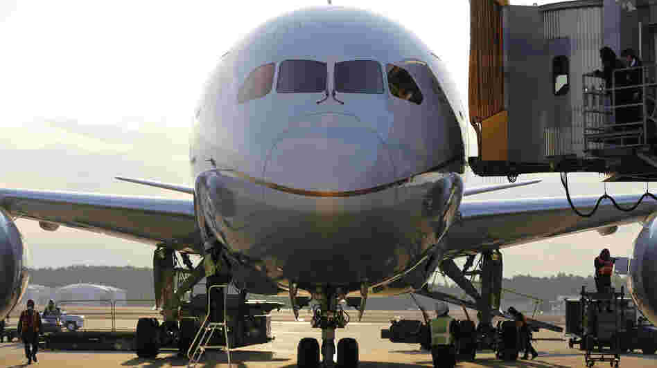 In Tokyo today, a United  Airlines 787 Dreamliner sat at a gate.