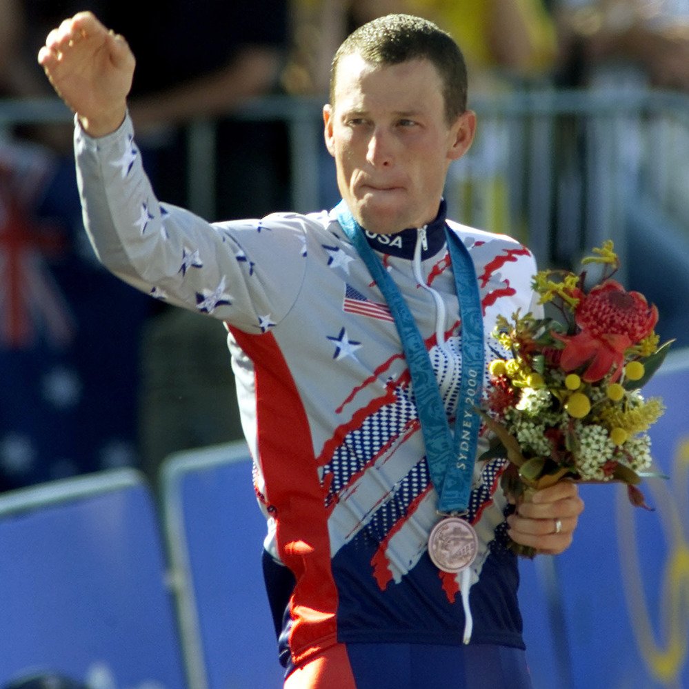 Lance Armstrong at the 2000 Sydney Olympic Games, celebrating his bronze medal performance. Lance Armstrong at the 2000 Sydney Olympic Games, celebrating his bronze medal performance.