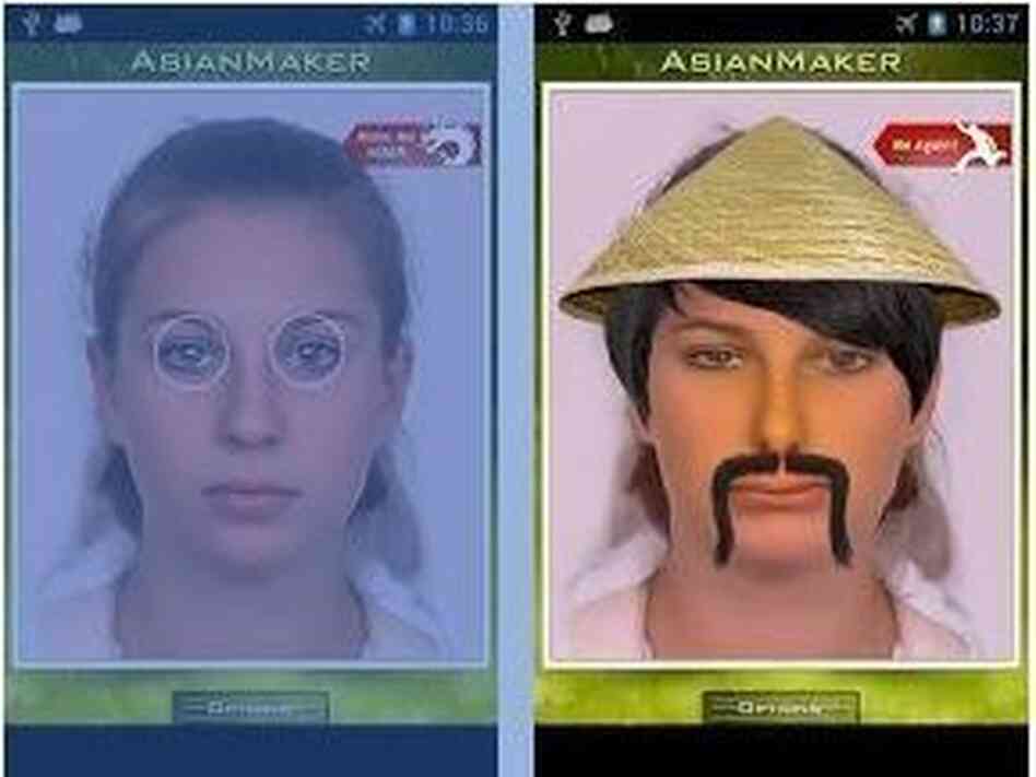 A screenshot from the "Make me Asian" app page in the Google Play store. The app is no longer available. A screenshot from the "Make me Asian" app page in the Google Play store. The app is no longer available.