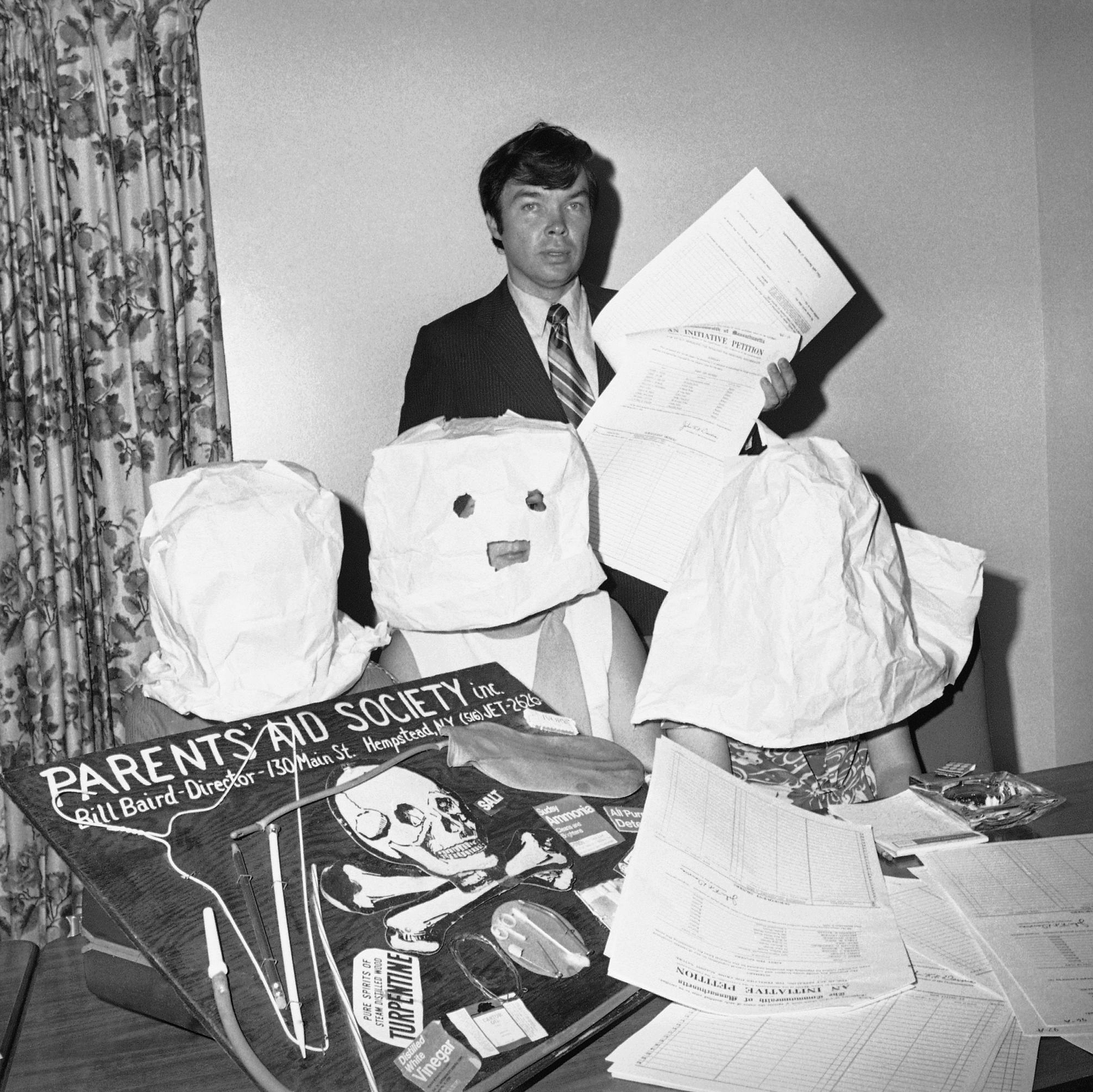 Dubbed "the father of the abortion-rights movement" by the media, Bill Baird was instrumental in raising awareness in the late 1960s of the substandard medical conditions common for women obtaining illegal abortions at the time. He's seen here, at an undated news conference in Boston, with women he helped get abortions who are hooded to prevent identification and arrest.