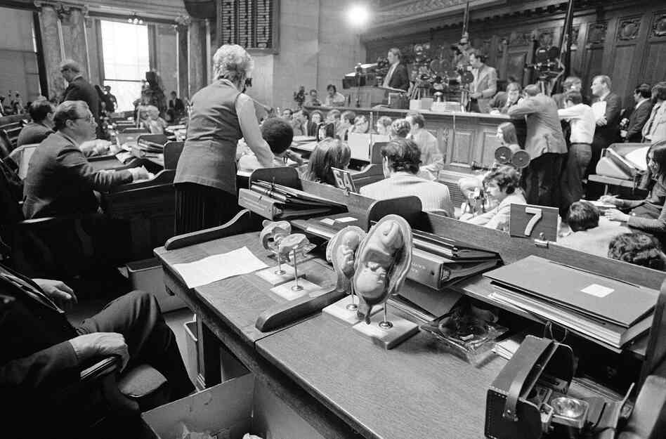 As soon as the Supreme Court's decision was announced, politicians at the state and federal levels moved to introduce a constitutional amendment and other legislative efforts to circumvent the ruling. Here, plastic models of human fetuses are displayed in the foreground while Wisconsin state Rep. Lloyd Barbee testifies on abortion bills at the Capitol in Madison, April 24, 1973.