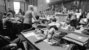 As soon as the Supreme Court's decision was announced, politicians at the state and federal levels moved to introduce a constitutional amendment and other legislative efforts to circumvent the ruling. Here, plastic models of human fetuses are displayed in the foreground while Wisconsin state Rep. Lloyd Barbee testifies on abortion bills at the Capitol in Madison, April 24, 1973.