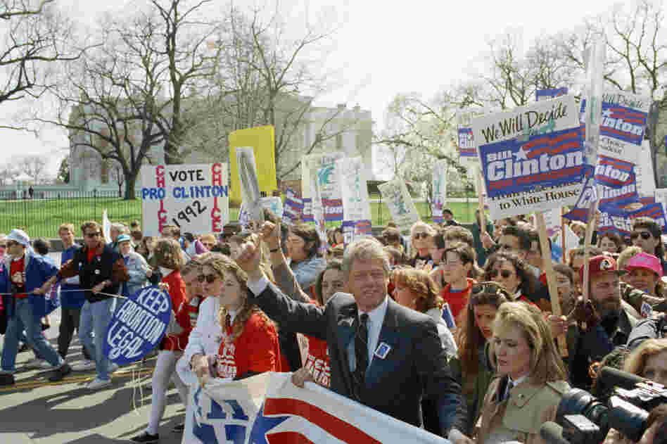 Democratic presidential candidate Bill Clinton marches with abortion-rights supporters past the White House, April 6, 1992. Although many positions vary at the state, local and even lower federal levels, Democrats at the national level have made abortion rights part of their party platform since 1976; Republicans began calling for Roe's overturn in their platform that same year.