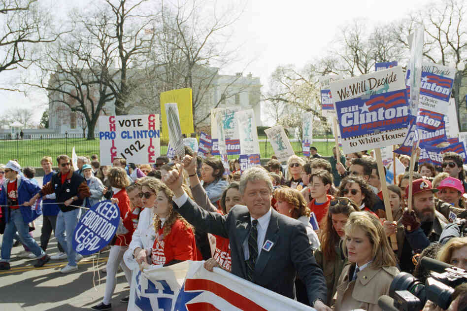 Democratic presidential candidate Bill Clinton marches with abortion-rights supporters past the White House, April 6, 1992. Although many positions vary at the state, local and even lower federal levels, Democrats at the national level have made abortion rights part of their party platform since 1976; Republicans began calling for Roe's overturn in their platform that same year.