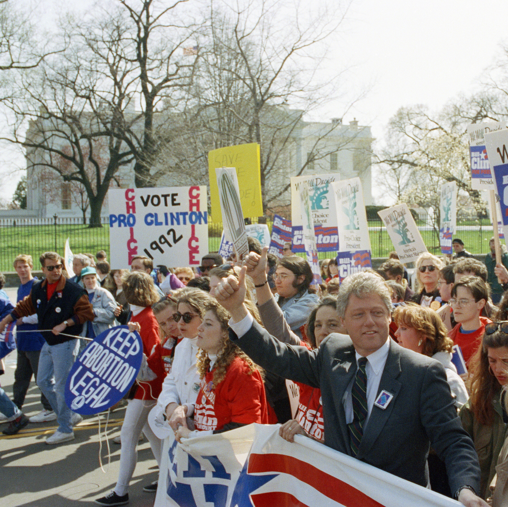 Democratic presidential candidate Bill Clinton marches with abortion-rights supporters past the White House, April 6, 1992. Although many positions vary at the state, local and even lower federal levels, Democrats at the national level have made abortion rights part of their party platform since 1976; Republicans began calling for Roe's overturn in their platform that same year.