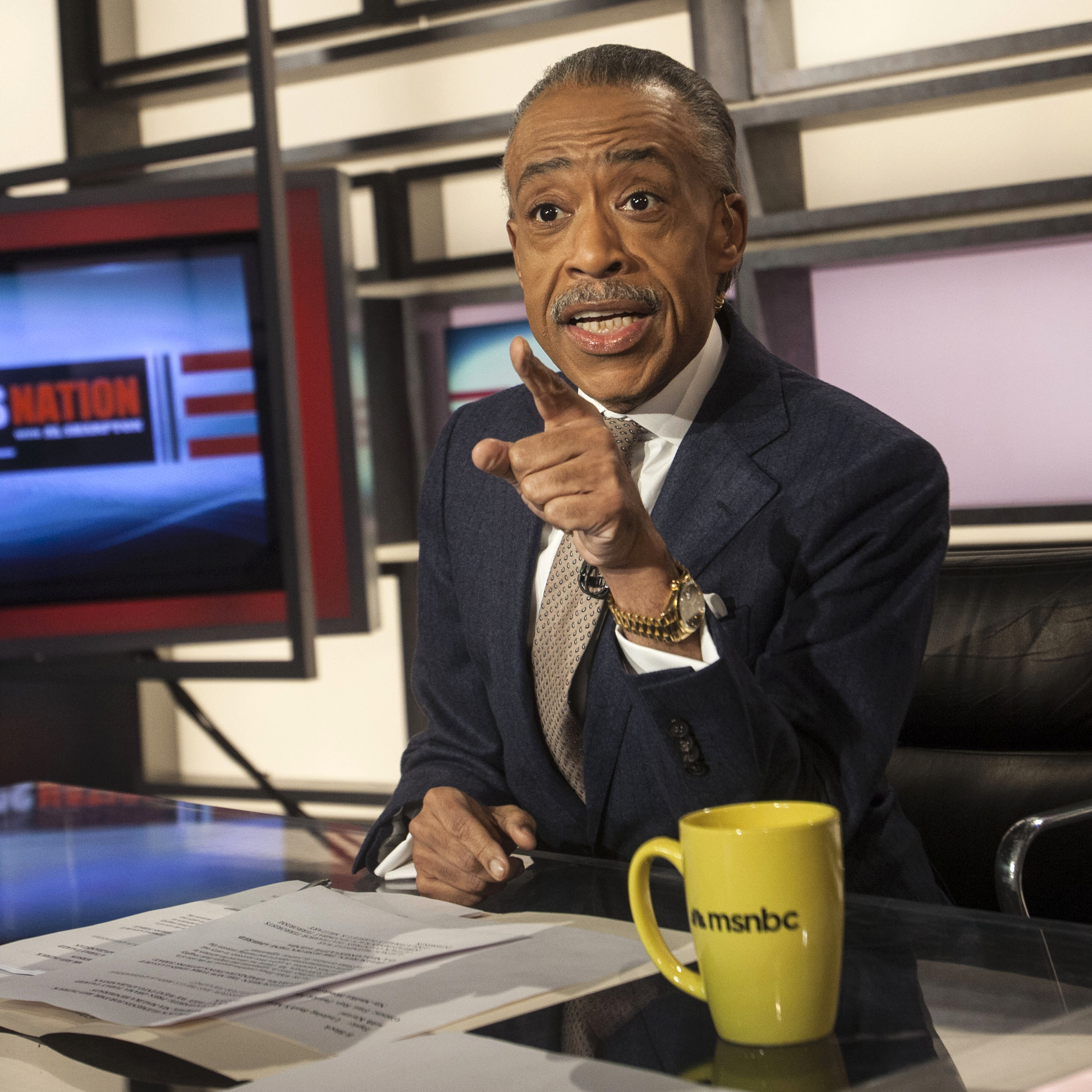 Sharpton hosts his show PoliticsNation, at the MSNBC studios in New York.