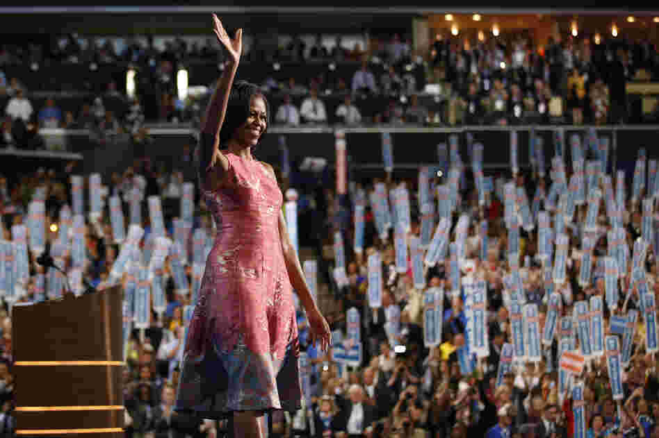 First lady: Michelle Obama waves after addressing the Democratic National Convention in Charlotte, N.C., on Sept. 4, 2012.