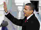 Martin Luther King Jr. waves to supporters during the 1963 March on Washington and President Barack Obama speaks at his first inauguration in 2009.
