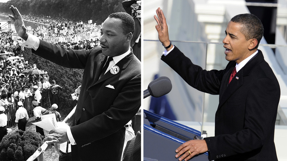 Martin Luther King Jr. waves to supporters during the 1963 March on Washington and President Barack Obama speaks at his first inauguration in 2009.