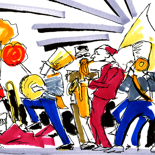 Michael Arthur's drawing of the Balkan brass band Mucca Pazza, made during a show at Joe's Pub in New York.