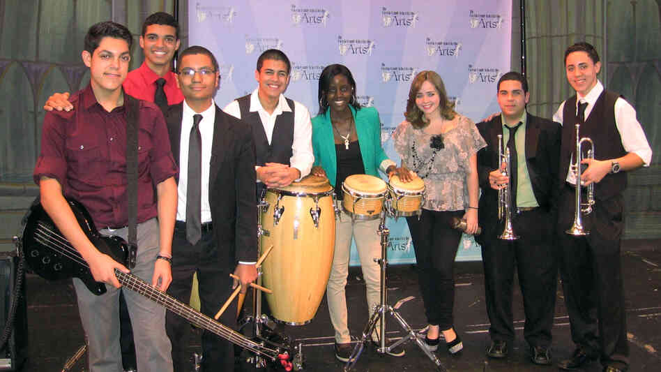 The young musicians of Seguro Que Si will perform in this weekend's Inaugural Parade. Left to right: Daniel Chico (bass), Kevin Arguelles (piano), Maxwell Frost (timbales), Christopher Muriel (congas), Niyah Lowell (bongos), Annette Rodriguez (vocal), Sean Fernandez (trumpet), Robby Cruz (trumpet).