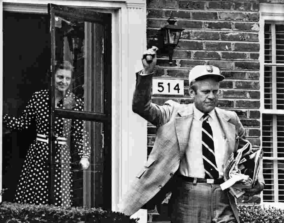 President Gerald Ford leaves his Alexandria, Va., home to go to work at the White House the day after he was sworn in. The Nixons' personal belongings had not yet been moved out of the White House living quarters.