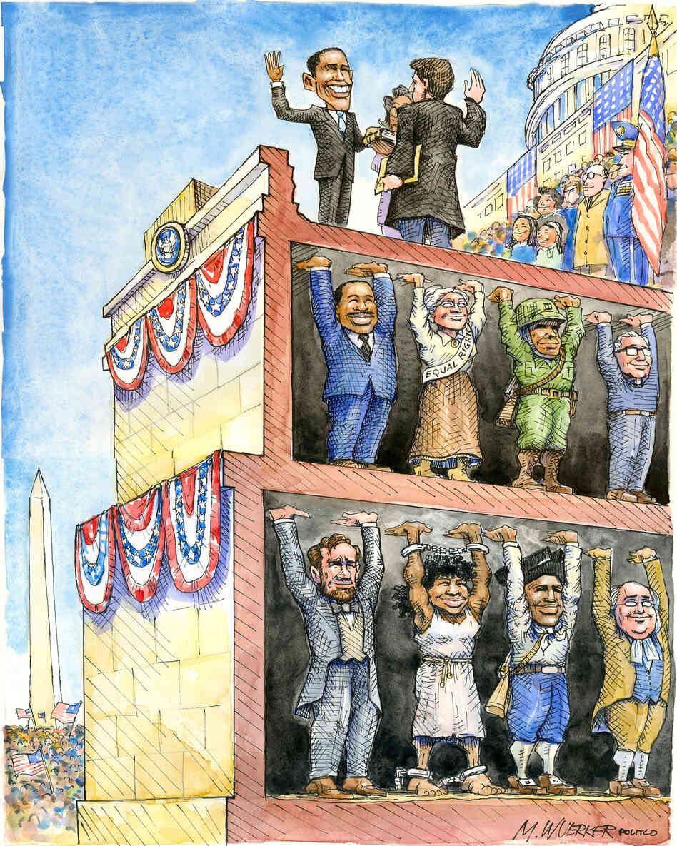 Matt Wuerker borrowed the concept of "standing on the shoulders of giants" in his cartoon for the inauguration in 2009.