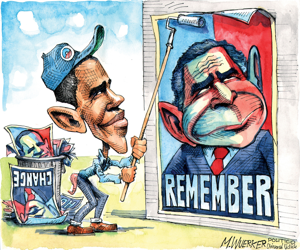 For editorial cartoonists, Obama's ears are his signature. In some depictions, they've grown throughout the years, but Matt Wuerker says cartoonists have gotten lazy. "We did the same thing to George W. Bush. By the end of his administration he was just Dumbo." For editorial cartoonists, Obama's ears are his signature. In some depictions, they've grown throughout the years, but Matt Wuerker says cartoonists have gotten lazy. "We did the same thing to George W. Bush. By the end of his administration he was just Dumbo."