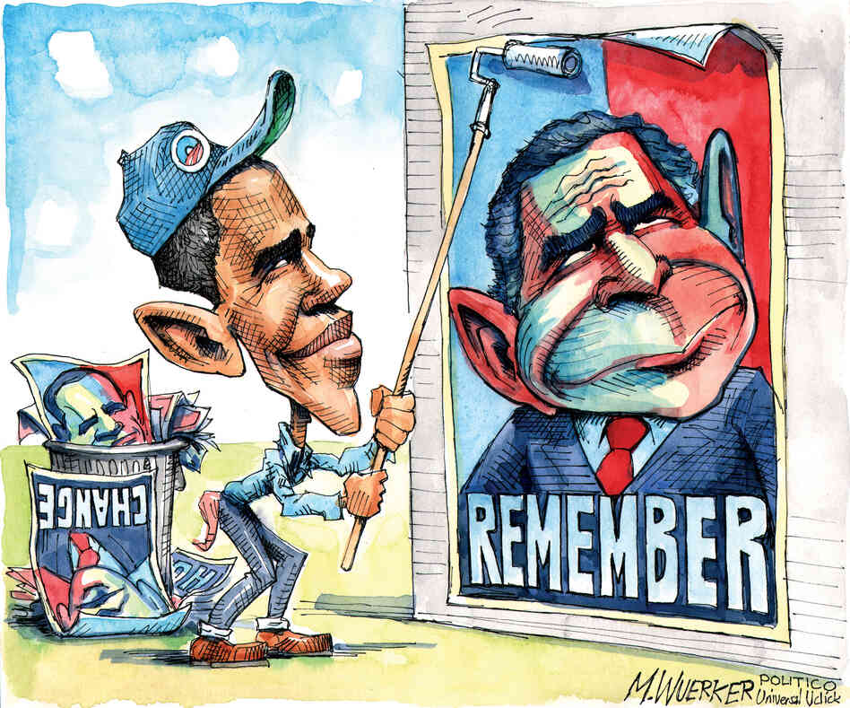 For editorial cartoonists, Obama's ears are his signature. In some depictions, they've grown throughout the years, but Matt Wuerker says cartoonists have gotten lazy. "We did the same thing to George W. Bush. By the end of his administration he was just Dumbo."
