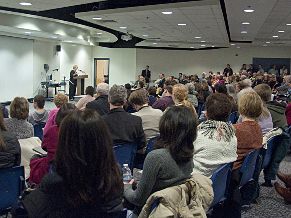Newtown First Selectwoman Pat Llodra speaks to community members at a meeting about the future of Sandy Hook Elementary.
