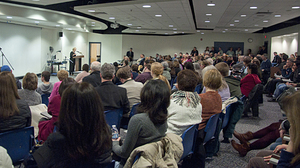 Newtown First Selectwoman Pat Llodra speaks to community members at a meeting about the future of Sandy Hook Elementary.