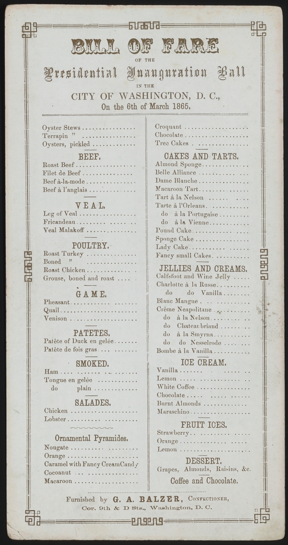 Menu for Lincoln's 2nd inaugural ball, March 6, 1865