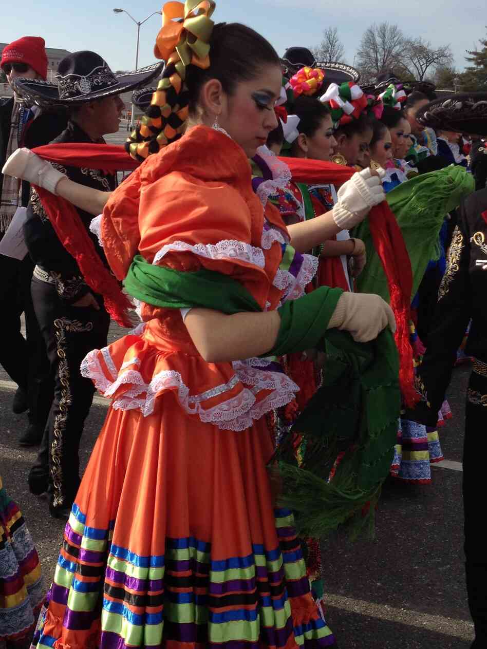 Members of Palmview High School's marching band and folklorico group, who traveled from La Joya, Texas, prepare for the inaugural parade in Washington, D.C.