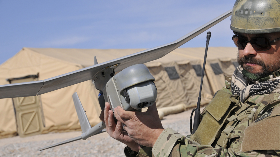 AeroVironment's Raven drone is used for military surveillance and can be launched by hand.