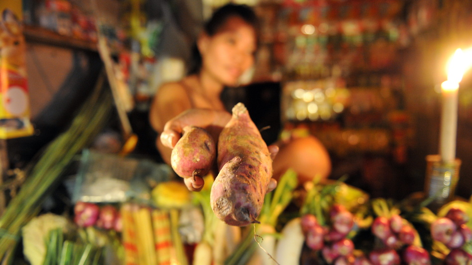 A well-traveled root: A vendor sells sweet potatoes at a market near Manila in 2011. The Portuguese brought the root to the Philippines all the way from the Caribbean.
