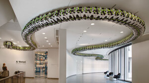 Ai Weiwei's Snake Ceiling, a serpentine form made from children's backpacks, is currently on display at the Hirshhorn Museum's "According to What?" exhibit. It commemorates the thousands of students who died in poorly constructed schools during the 2008 Sichuan earthquake.