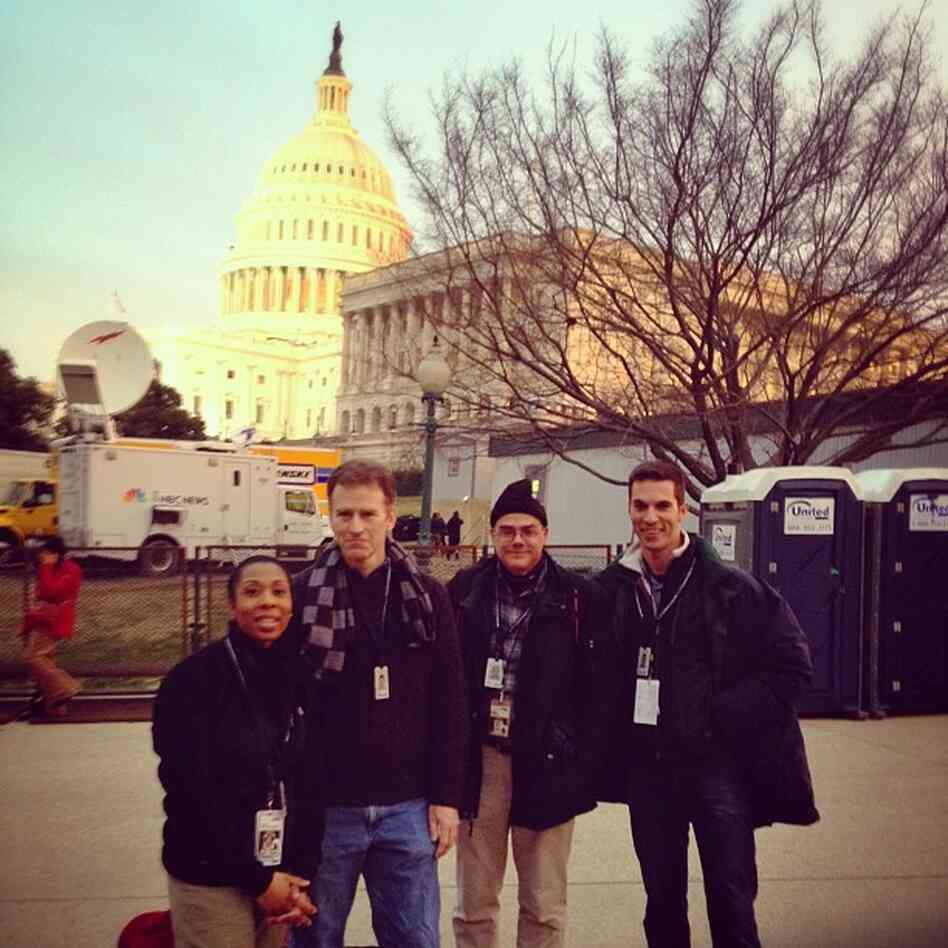 The NPR team arrived to work bright and early Monday morning. Pictured (l to r) is All Things Considered Host Audie Cornish, Morning Edition Host Steve Inskeep, and White House Correspondents Scott Horsley and Ari Shapiro standing in front of the U.S. Capitol.
