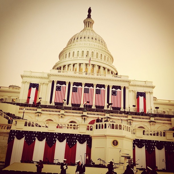 An Instagram photo from White House Correspondent Ari Shapiro shows the U.S. Capitol draped in flags on inauguration morning. Shapiro's caption: "Sun rising over the dome. Earlybird filter seems appropriate."