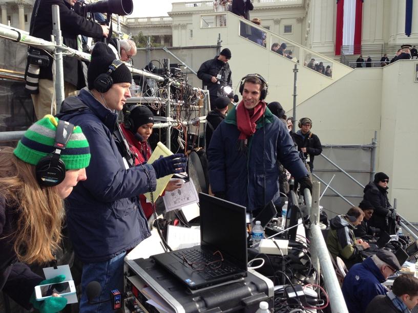 The NPR crew seated and ready to start live, on-air coverage of the inaugural ceremony. Pictured (l to r) Director Sarah Handel, Morning Edition Host Steve Inskeep, All Things Considered Host Audie Cornish and White House Correspondent Ari Shapiro.