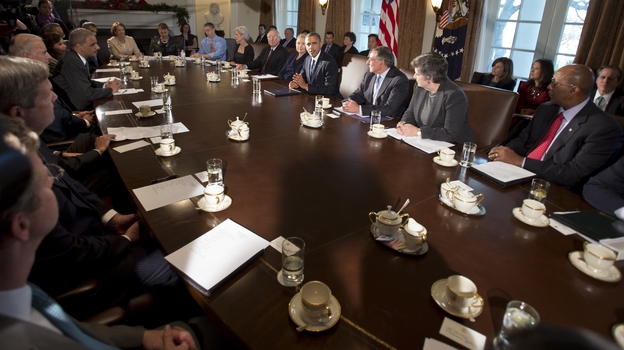 President Barack Obama, center, makes a statement to the media before the start of a meeting with his Cabinet on Nov. 28, 2012.