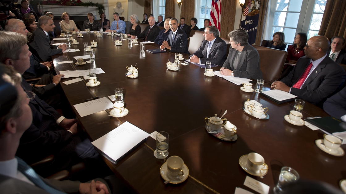 President Barack Obama, center, makes a statement to the media before the start of a meeting with his Cabinet on Nov. 28, 2012.