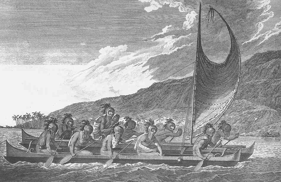 The Polynesians had sophisticated, double-hulled canoes that were built for deep sea voyages. An artist aboard Capt. Cook's ship drew a picture when they arrived in Hawaii. The Polynesians had sophisticated, double-hulled canoes that were built for deep sea voyages. An artist aboard Capt. Cook's ship drew a picture when they arrived in Hawaii.