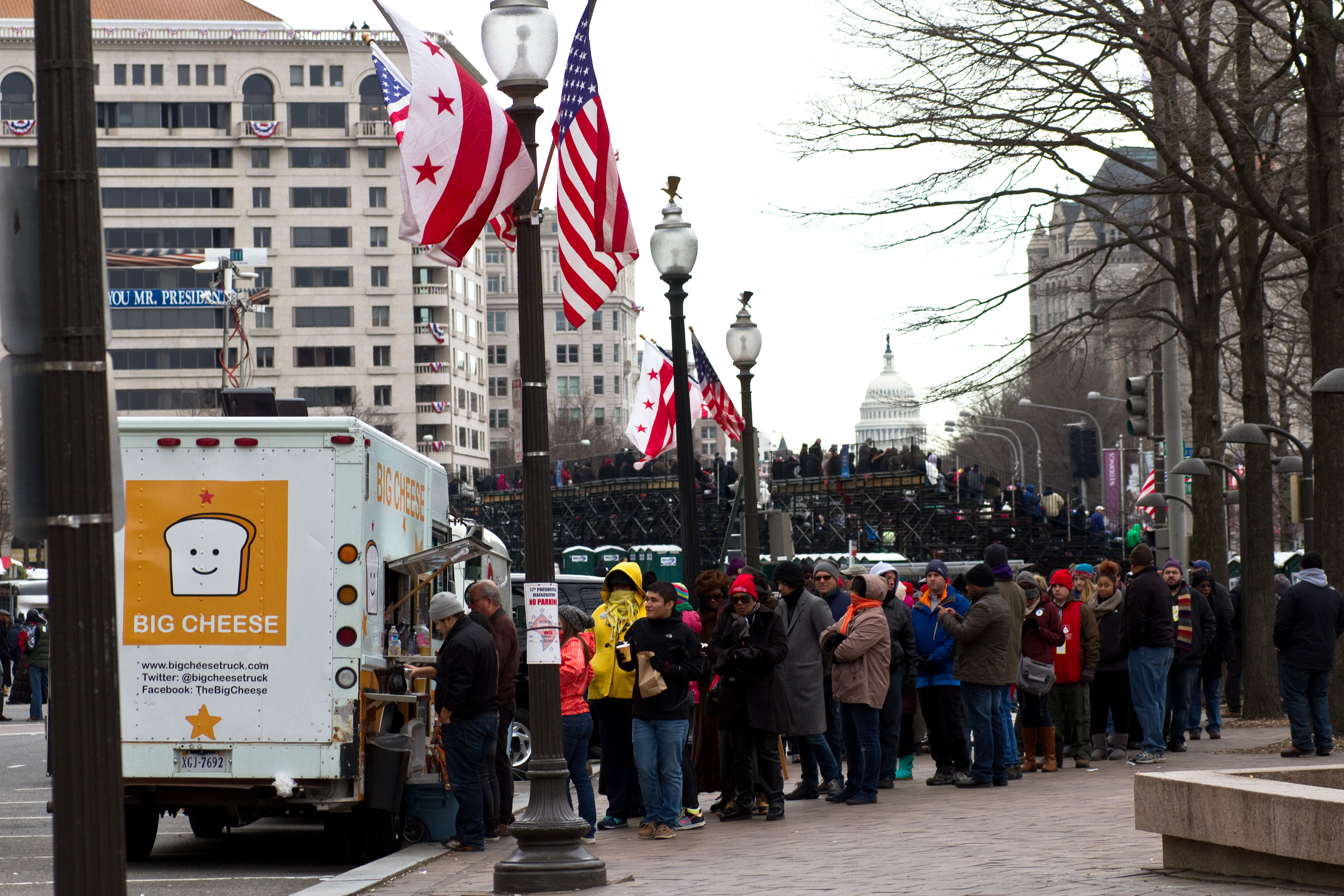 With limited access to food within the parade route, the food trucks able to secure Inauguration Day permits were in constant business, with up to 30-40 minute long lines. Though the Capital Chicken and Waffle food truck did not sell out their fully-packed truck, owner Sharisse Barksdale considered it a resounding success. Their crew will be back on D.C. streets by Thursday. With limited access to food within the parade route, the food trucks able to secure Inauguration Day permits were in constant business, with up to 30-40 minute long lines. Though the Capital Chicken and Waffle food truck did not sell out their fully-packed truck, owner Sharisse Barksdale considered it a resounding success. Their crew will be back on D.C. streets by Thursday.