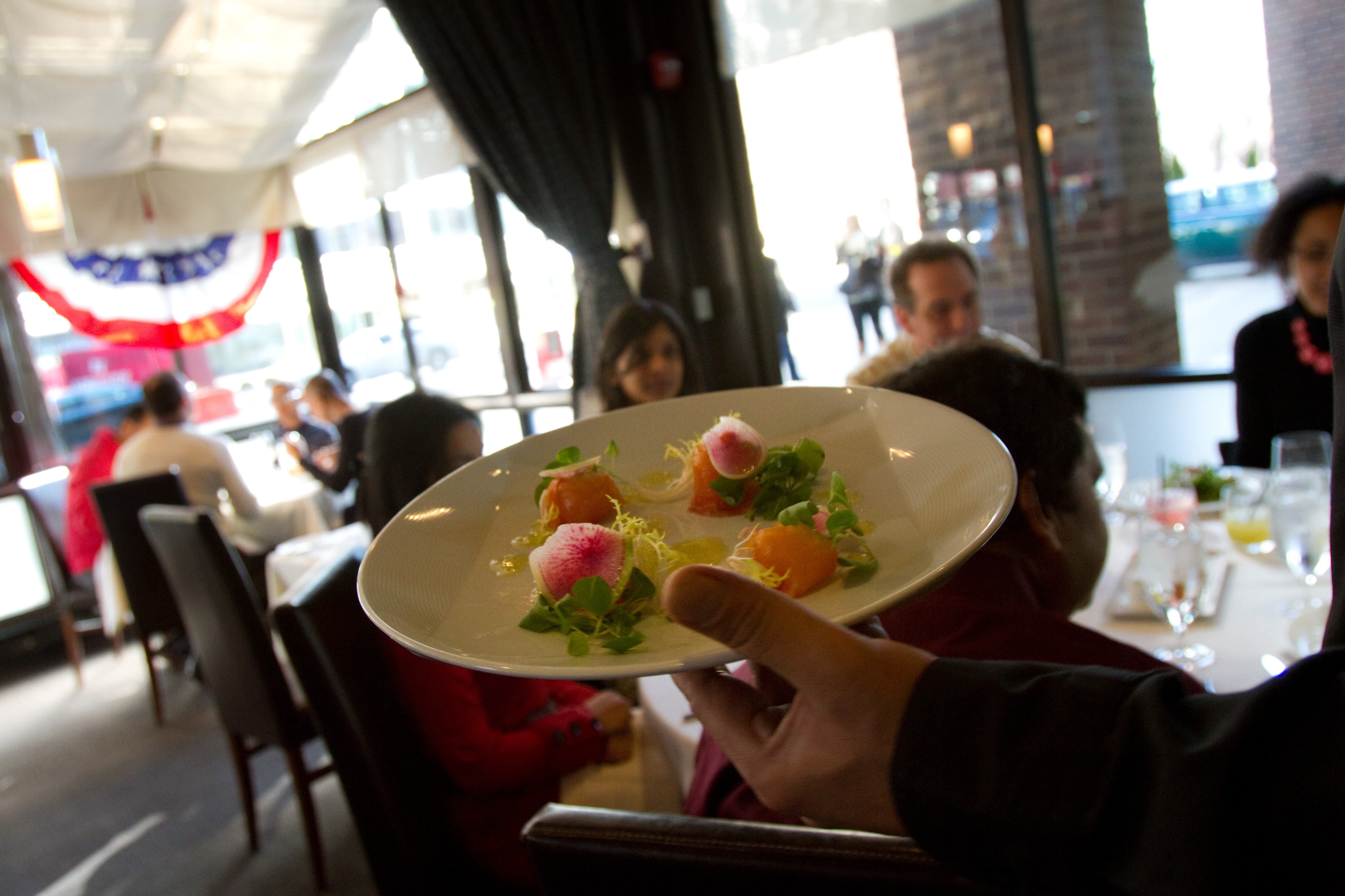 The restaurant Equinox served a Sunday brunch on Jan. 20 featuring courses inspired by President Obama and Martin Luther King, Jr.'s favorite foods, including this salad of citrus cured arctic char with watermelon radish, mache leaves and lobster vinaigrette. The restaurant Equinox served a Sunday brunch on Jan. 20 featuring courses inspired by President Obama and Martin Luther King, Jr.'s favorite foods, including this salad of citrus cured arctic char with watermelon radish, mache leaves and lobster vinaigrette.