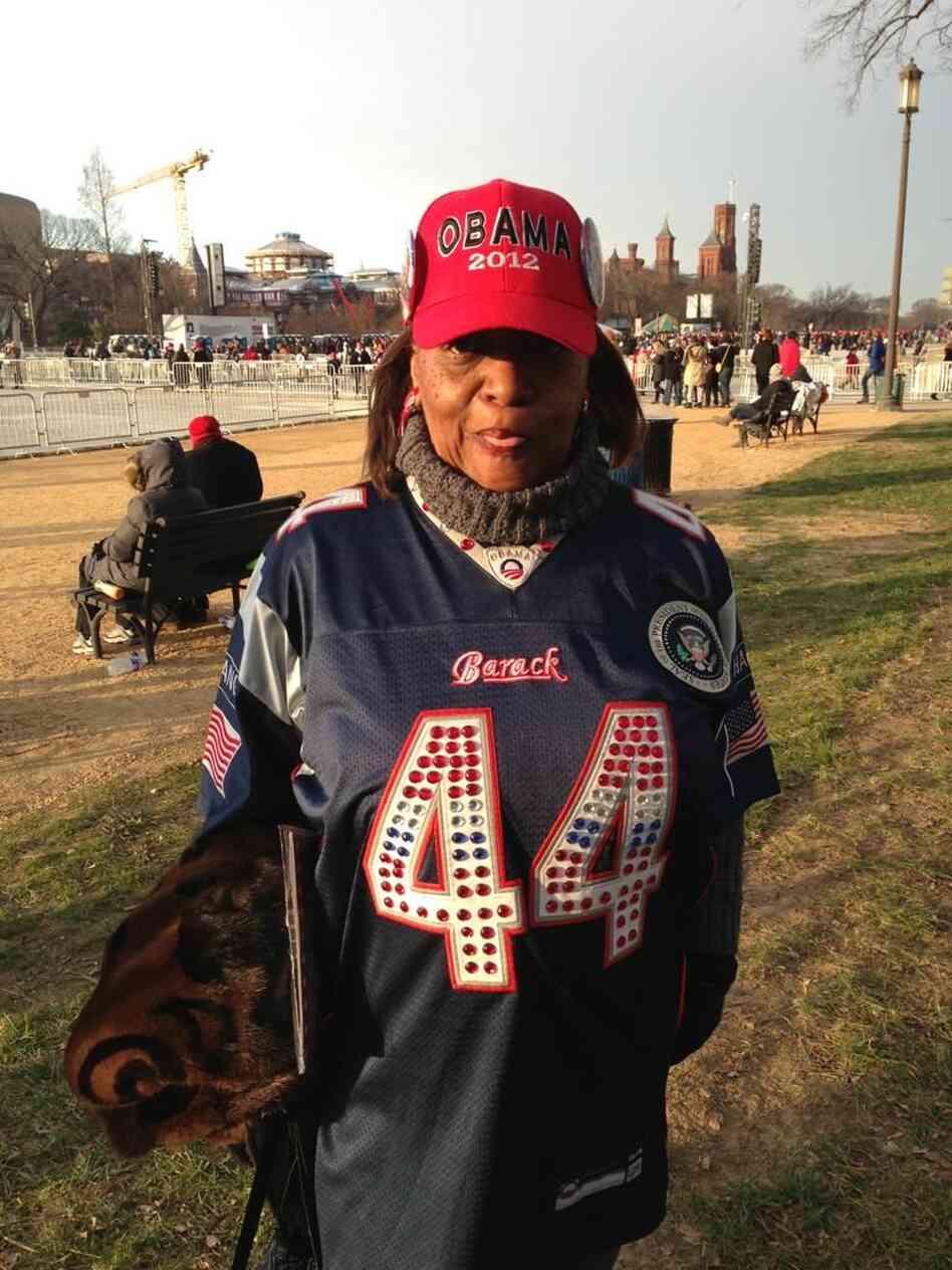 National Desk Correspondent Jeff Brady tweeted this photo of Chicago resident Cheryl Copeland sporting a "bling-ed" number 44 jersey (President Obama is the 44th president) on the National Mall.