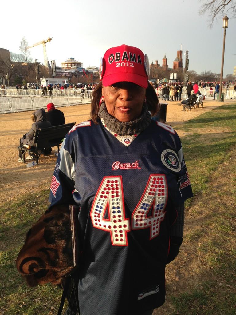 National Desk Correspondent Jeff Brady tweeted this photo of Chicago resident Cheryl Copeland sporting a "bling-ed" number 44 jersey (President Obama is the 44th president) on the National Mall.
