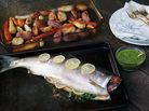 This version of the "Sunday roast" features salmon with salsa verde and oven-browned vegetables. This version of the "Sunday roast" features salmon with salsa verde and oven-browned vegetables.
