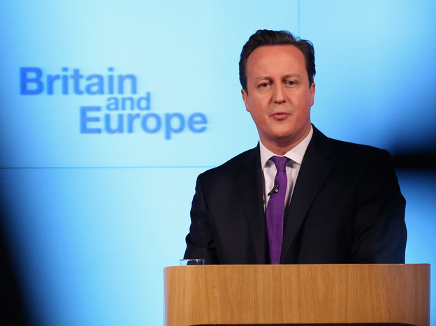 British Prime Minister David Cameron earlier today in London as he spoke about a vote on E.U. membership.