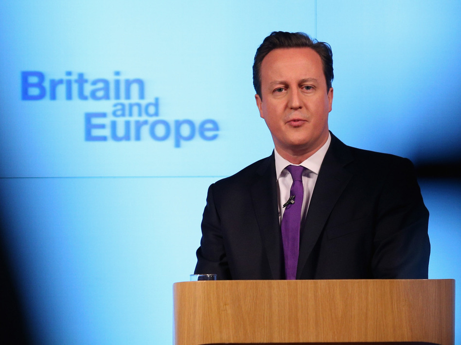 British Prime Minister David Cameron earlier today in London as he spoke about a vote on E.U. membership.