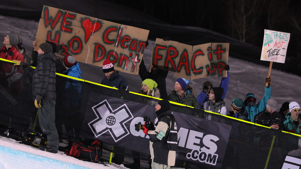 Opponents of fracking demonstrate during the Winter X Games 2012 in Aspen, Colo.
